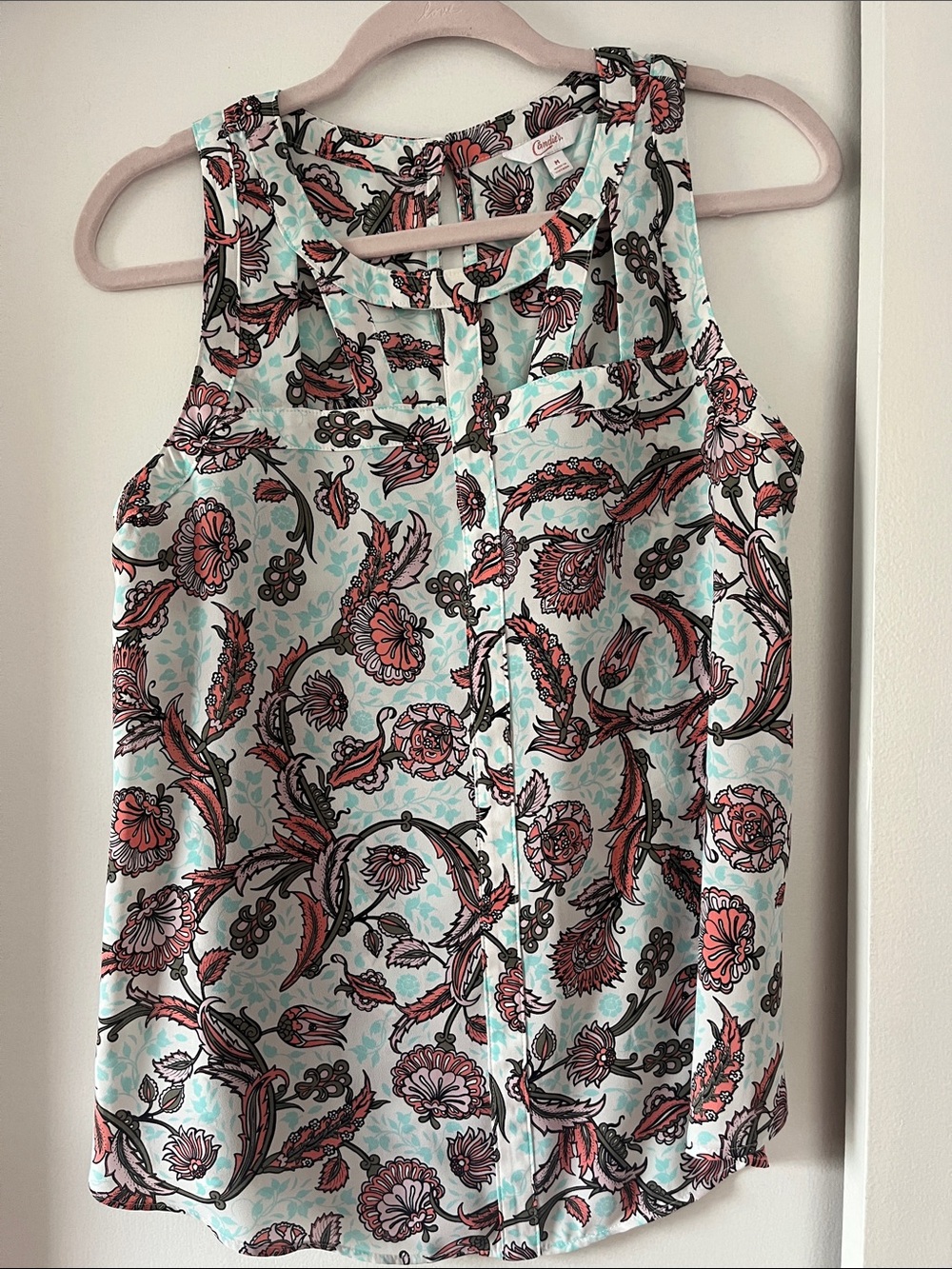 Candie's Mint and white Floral Blouse with Coral Paisley Print - Sleeveless